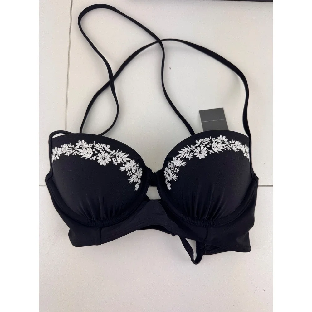 Abercrombie & Fitch Kids Girls Black Push Up Bikini Top‎ Floral Embroidery 34A